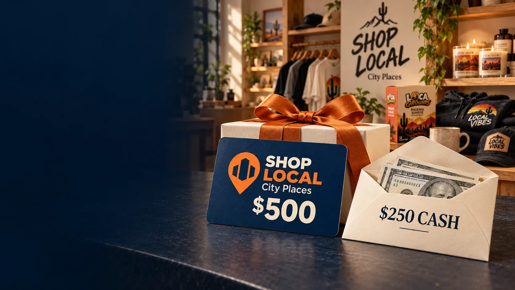 $500 SHOP LOCAL Illinois Places gift card and $250 cash envelope in front of a SHOP LOCAL store and product display.